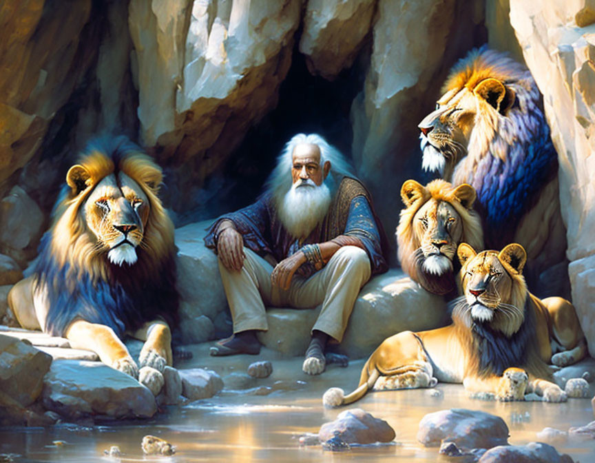 Elderly man with white beard surrounded by lions in sunlit cave