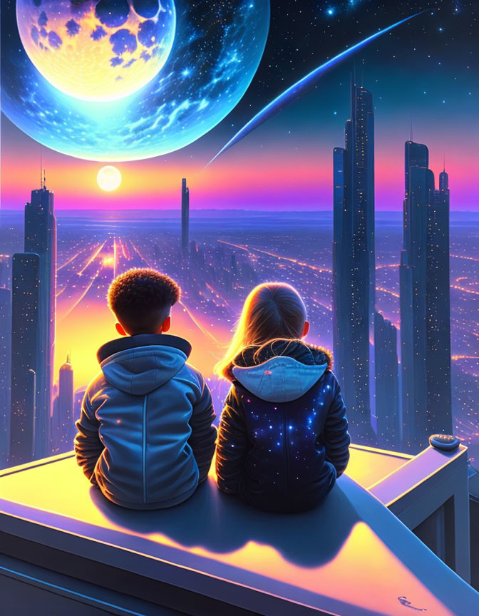 Children admiring futuristic cityscape with giant moon and shooting stars