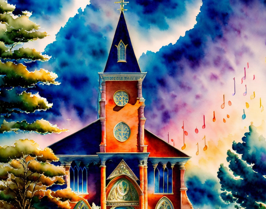 Colorful Watercolor Painting of Church with Musical Notes in Sky