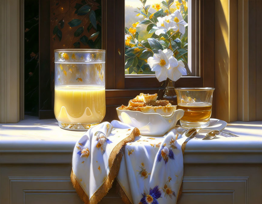 Tranquil still life with candle, pie, tea, and floral napkin