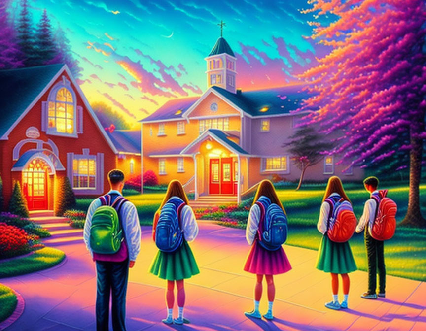 Four students with backpacks in front of vibrant schoolhouse at sunset