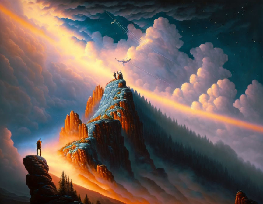 Solitary figure on cliff with twilight sky, rainbow, forests, and cosmic backdrop