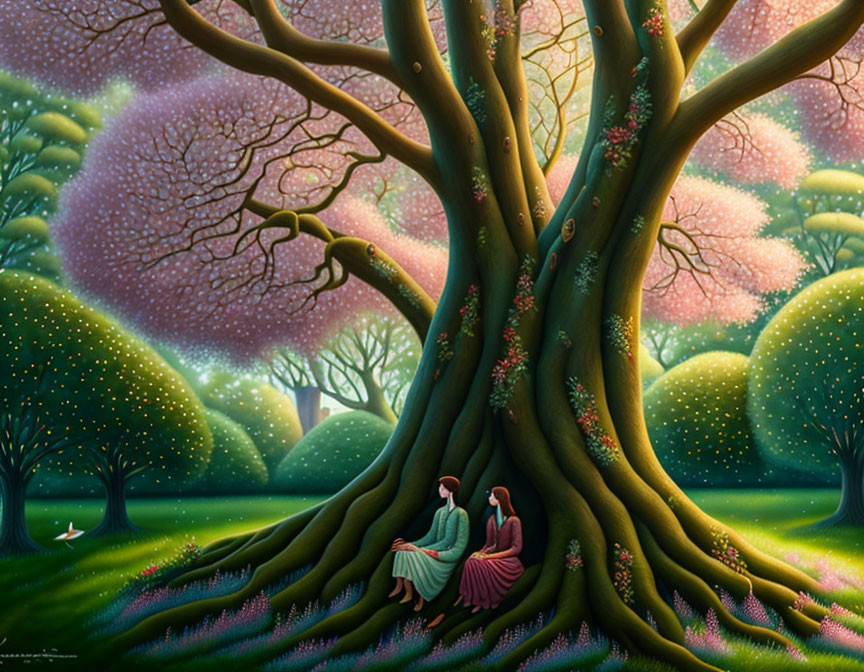 Magical forest scene with whimsical tree and two individuals