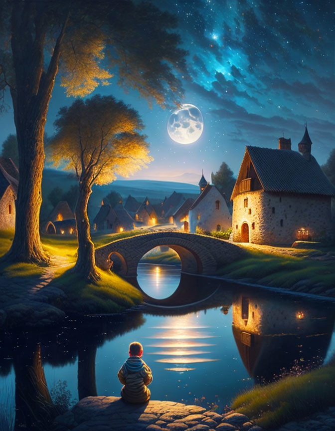 Nighttime river scene with full moon, quaint houses, stone bridge, and starry sky