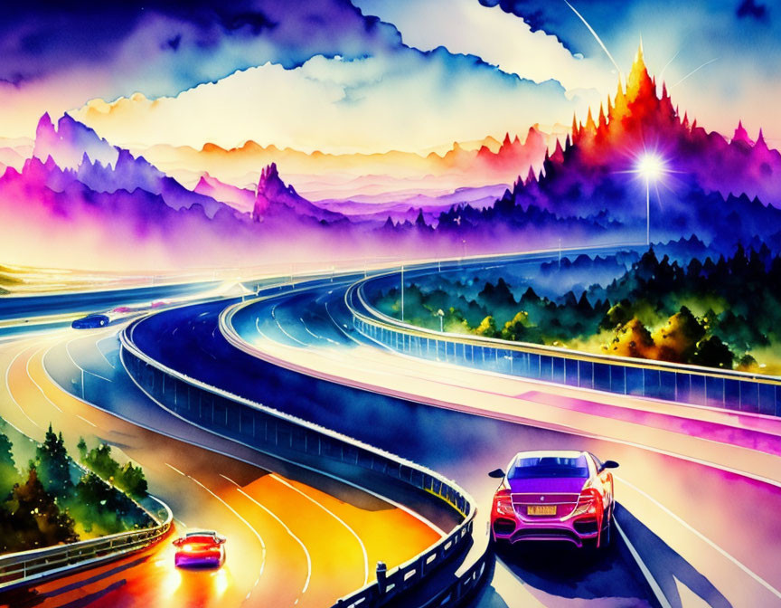 Colorful futuristic highway illustration with sleek cars and luminous fantasy landscape.