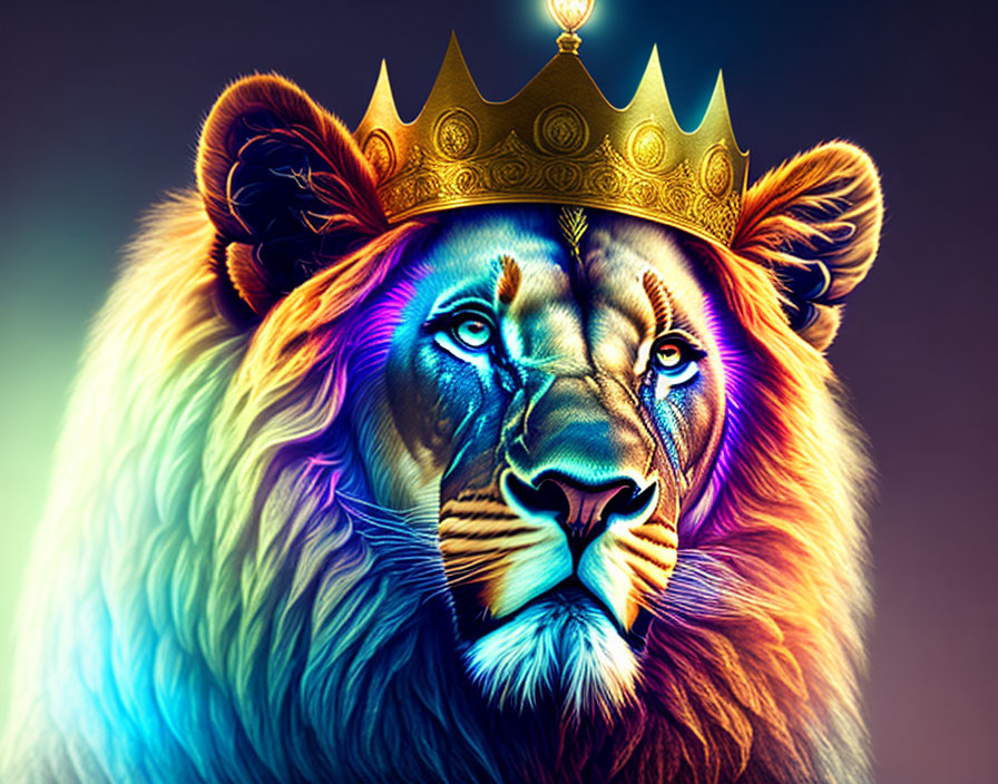 Colorful Lion Illustration with Regal Crown: Majestic and Commanding