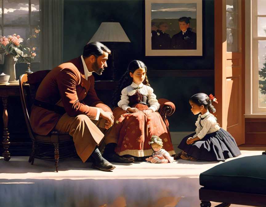 Vintage man with two girls in sunlit room playing with doll