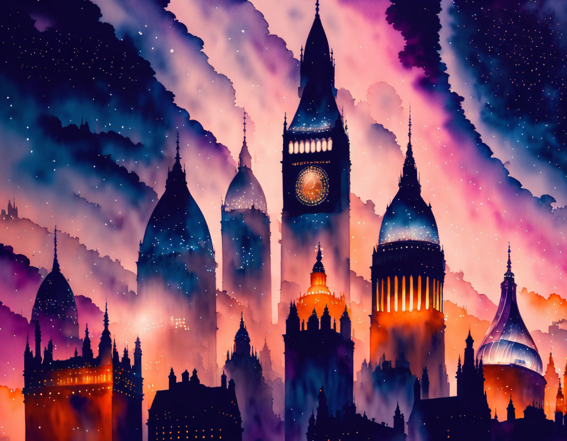 Vibrant digital artwork of London skyline with Big Ben silhouette in purple and orange hues