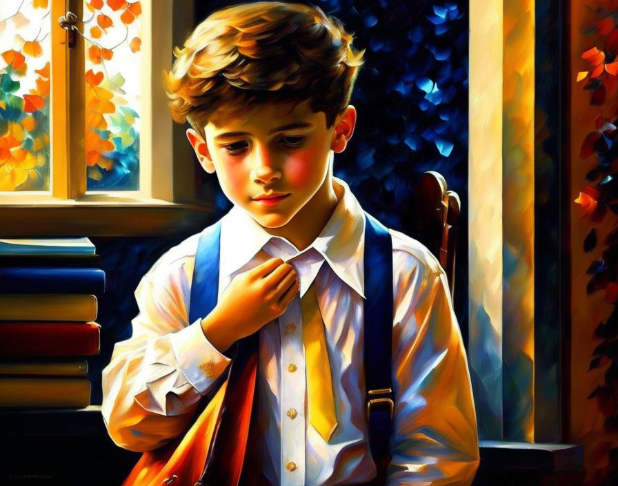 Young boy in white shirt and blue suspenders with school bag, deep in thought by sunny window