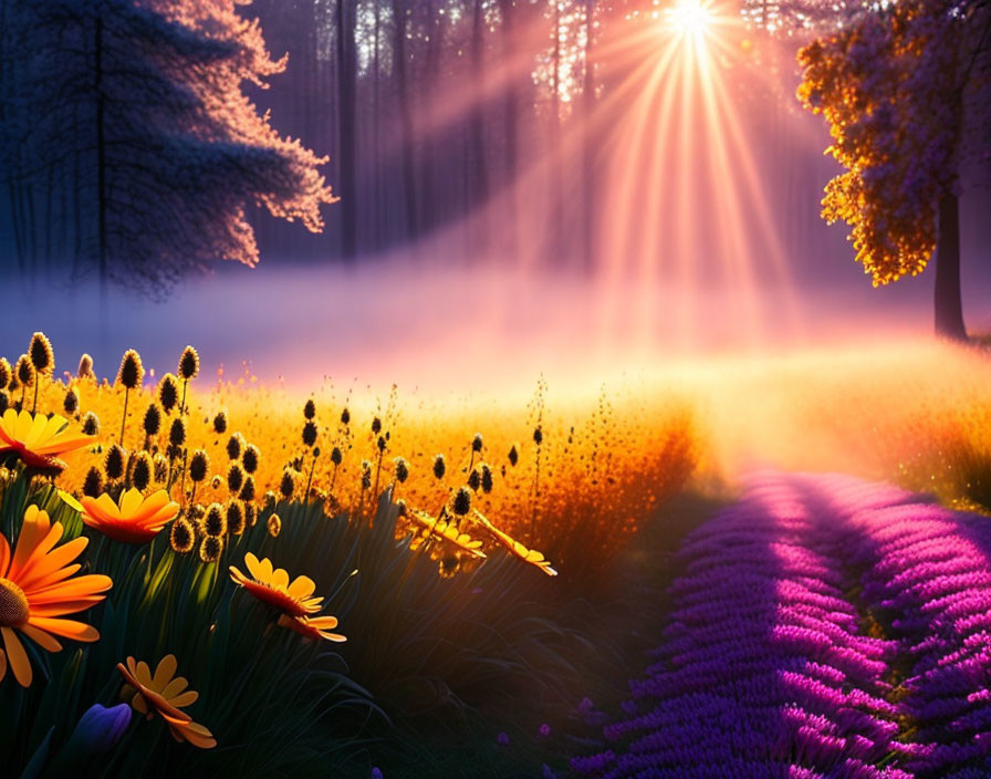 Misty forest sunrise with colorful wildflowers and dew-covered path