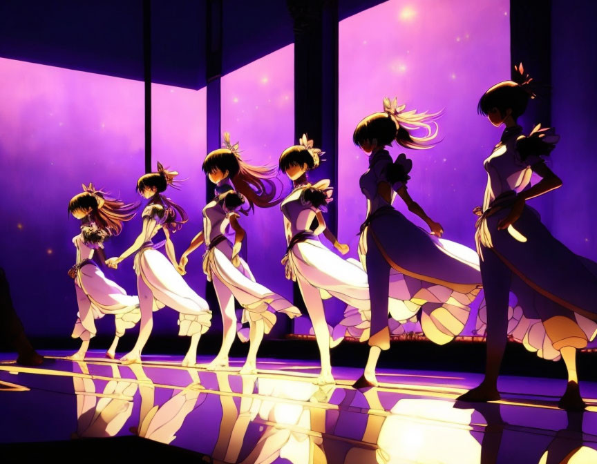 Female animated characters in white dresses on purple backdrop with stars