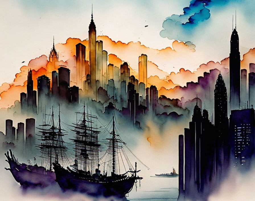 Silhouette city skyline with vivid sunset colors and sailing ships.