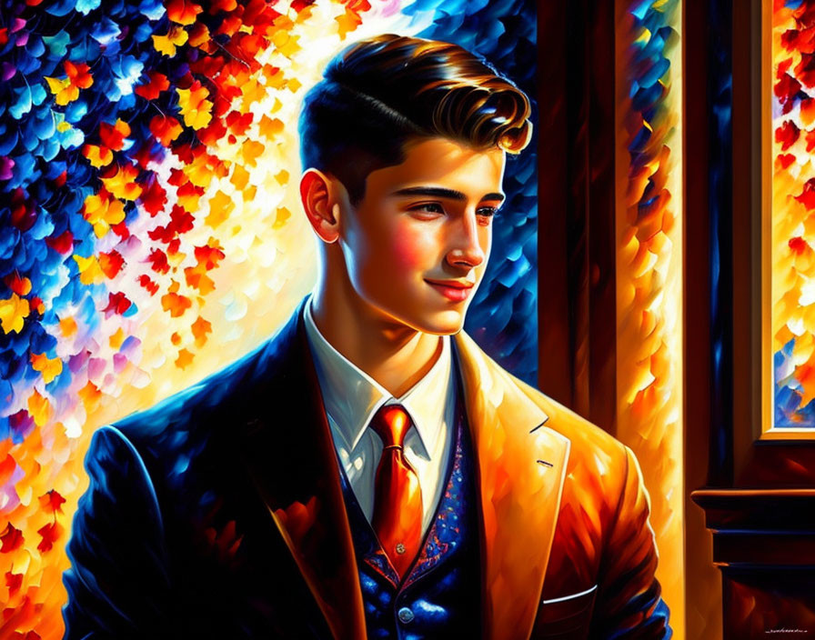 Young man in suit against colorful impressionistic background