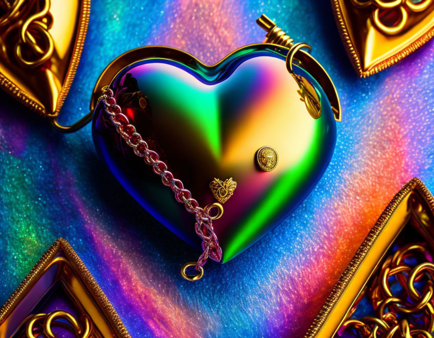 Colorful Heart-Shaped Pendant on Silver Chain with Abstract Background