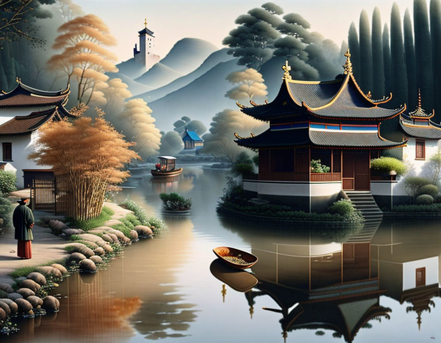 Serene Asian riverside landscape with traditional architecture, boat, person in traditional attire, lush trees,