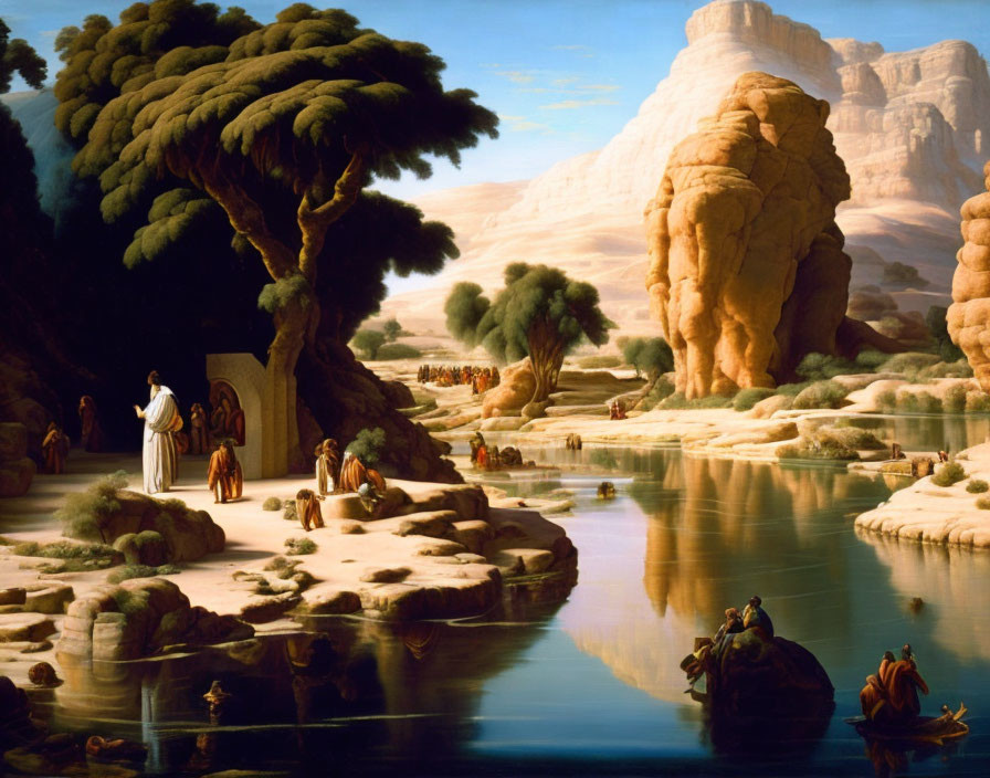 Biblical scene: Prophet by river, desert travelers, lush trees