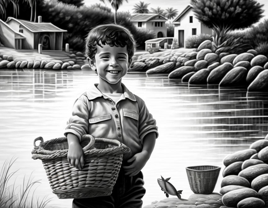 Monochrome illustration of smiling boy by lake with fish and houses