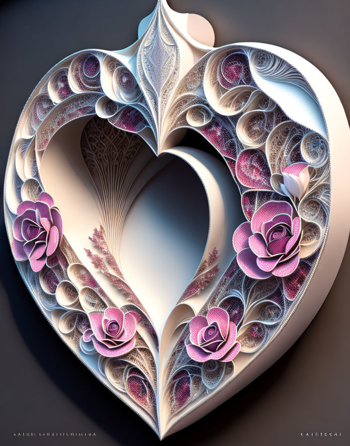 Layered Paper Art Heart Design with Floral Patterns and Central Void