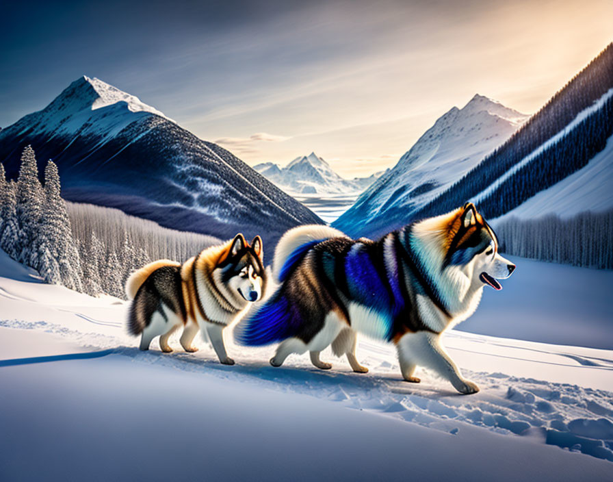 Alaskan Malamutes in snowy mountain landscape with colorful sky