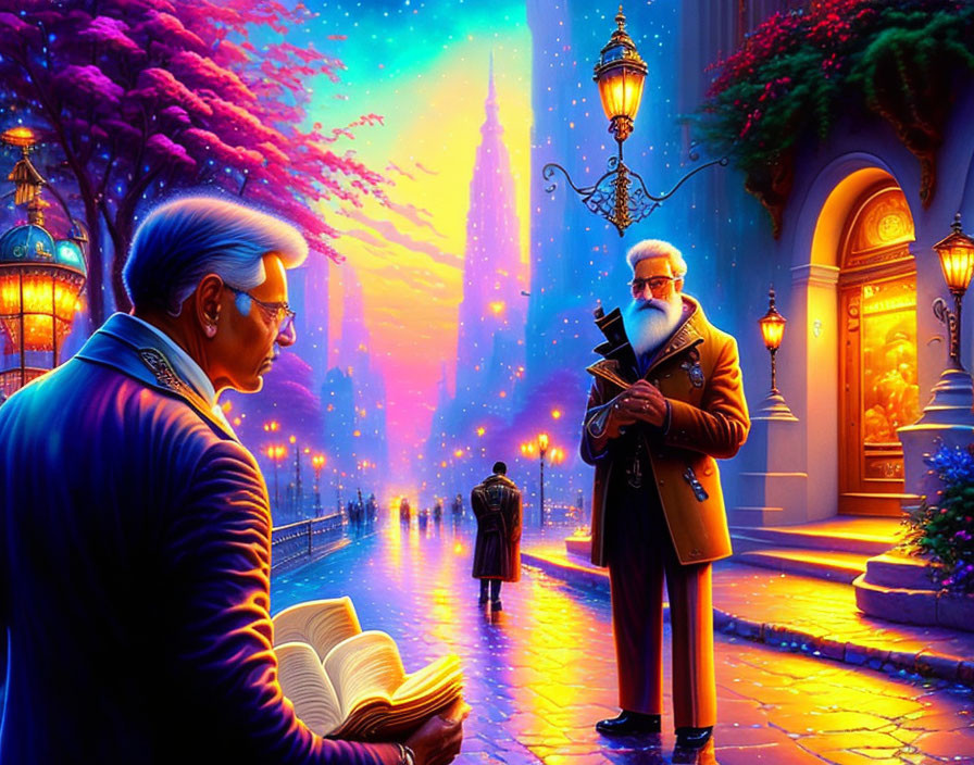 Elderly gentlemen on vibrant illuminated street at dusk with book and cane