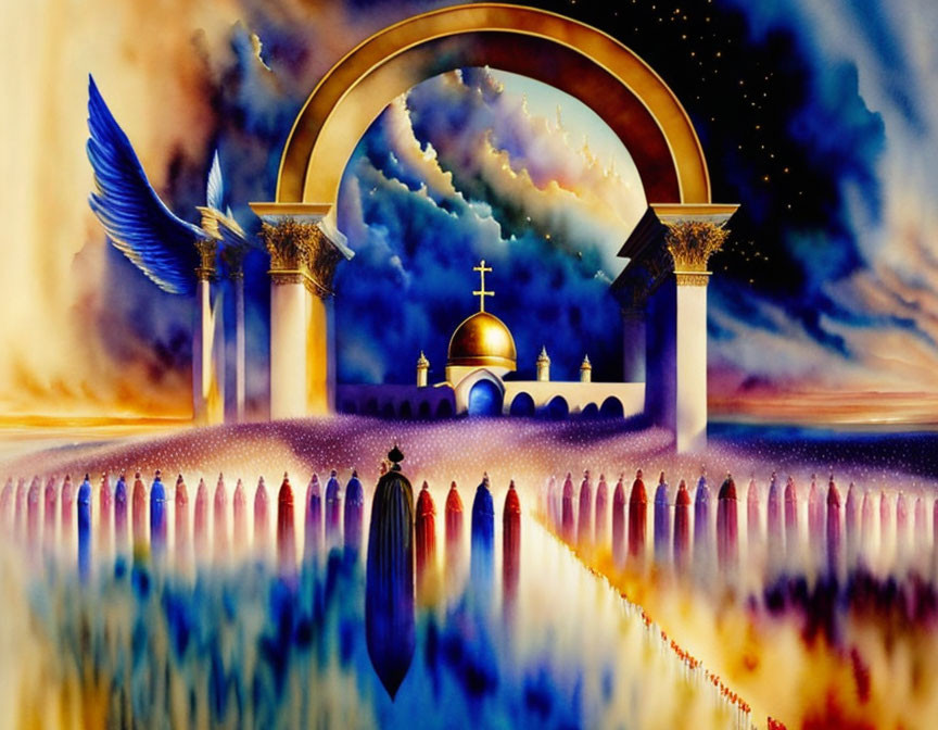 Vibrant surreal painting: figure in boat near fantastical gate and domed structure reflected in water