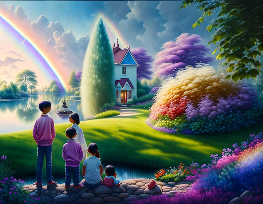 Children admiring colorful garden with rainbow, fountain, and pond reflection.