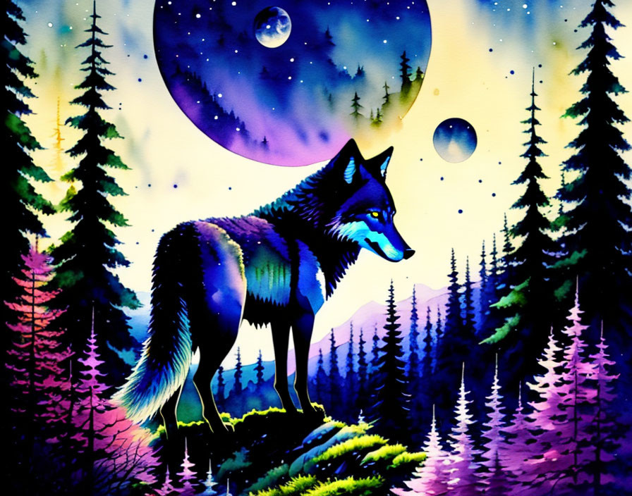 Colorful Wolf in Forest with Celestial Night Sky