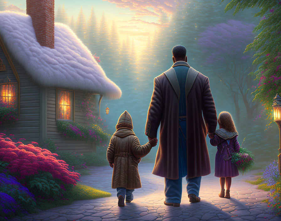 Man with two children walking by cozy house towards sunlit forest surrounded by flowers