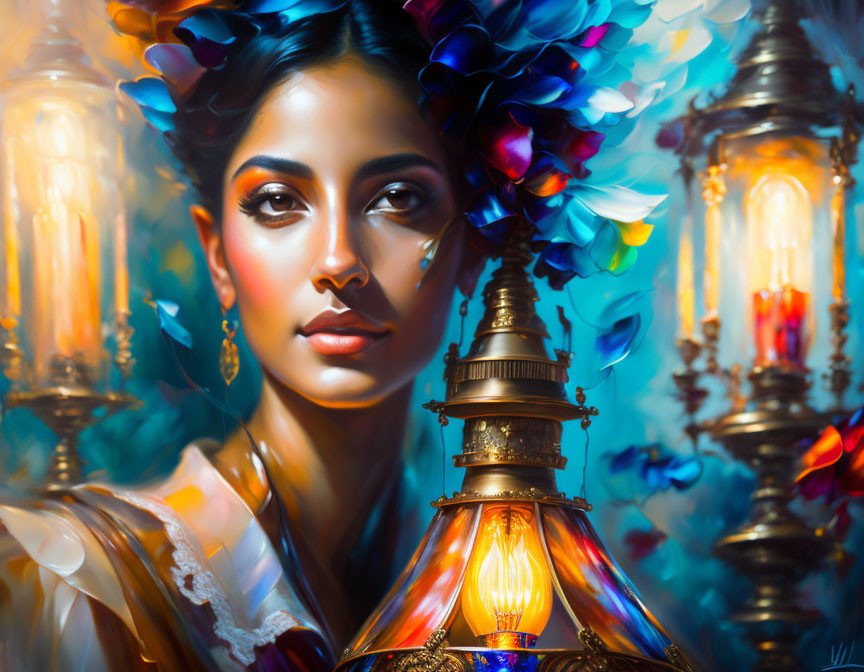 Serene woman portrait with blue flowers and lanterns