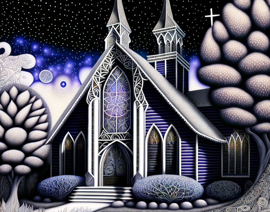 Stylized gothic church illustration at night with intricate patterns