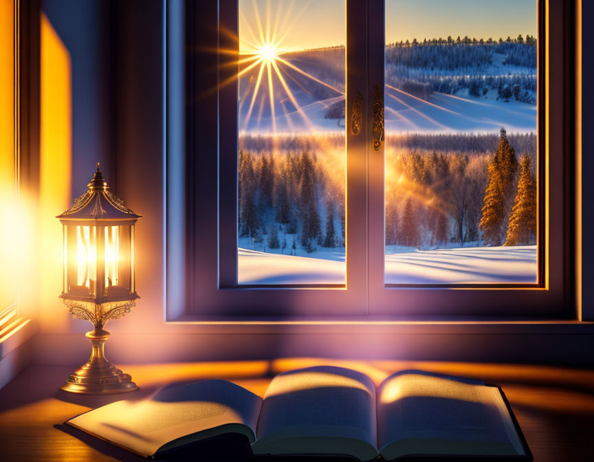 Antique Lamp on Windowsill with Snowy Landscape View