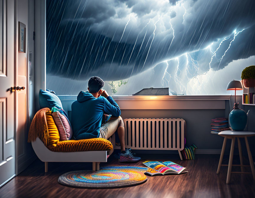 Person watching thunderstorm from window seat at night