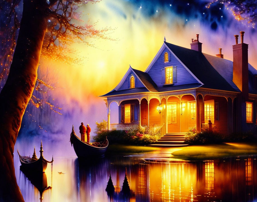 Vibrant painting: Cozy lakeside house at dusk with couple in boat