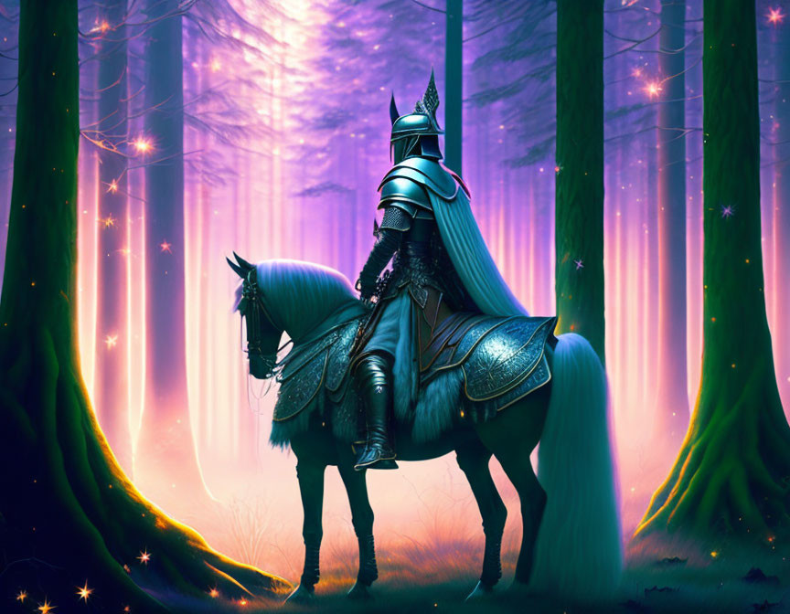 Knight on Horse in Enchanted Purple Forest with Glowing Particles