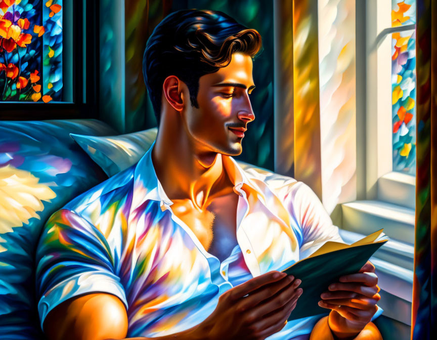 Vibrant colors in painting of man reading by window