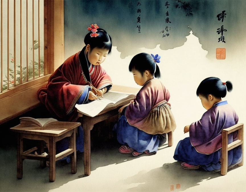 Three children in traditional East Asian attire studying by open window