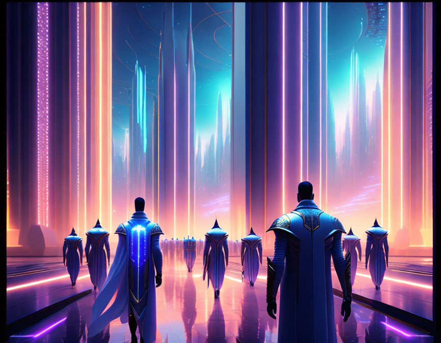 Futuristic individuals in neon-lit cityscape.