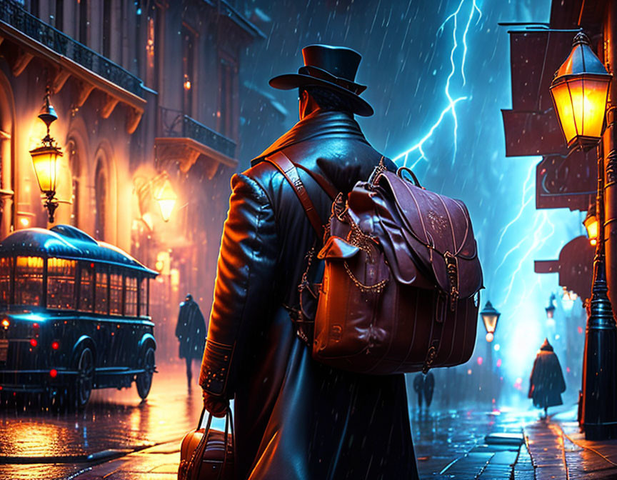 Person in trench coat with hat and leather bag on rainy street with lightning.