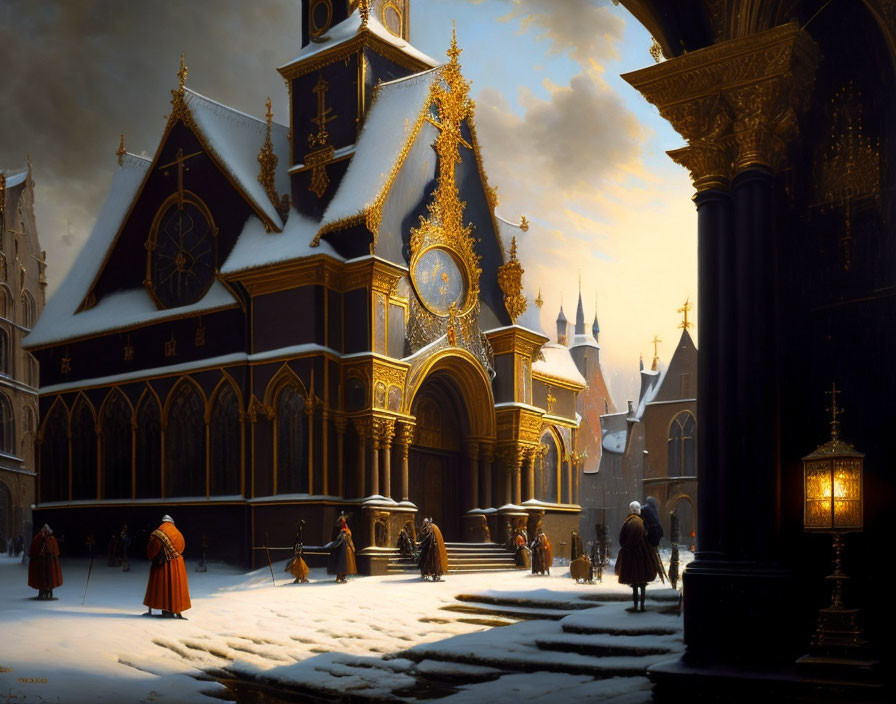 Snow-covered medieval town square with clock tower and gothic architecture at sunset