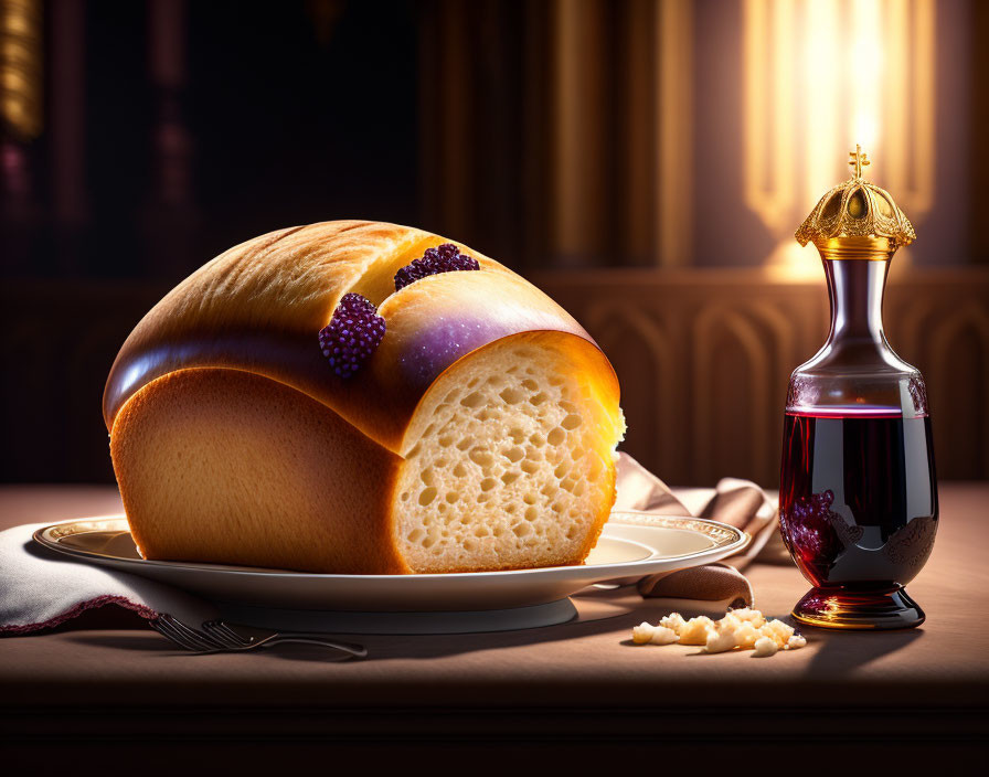 Bread loaf with berries, red wine, and candlelight background