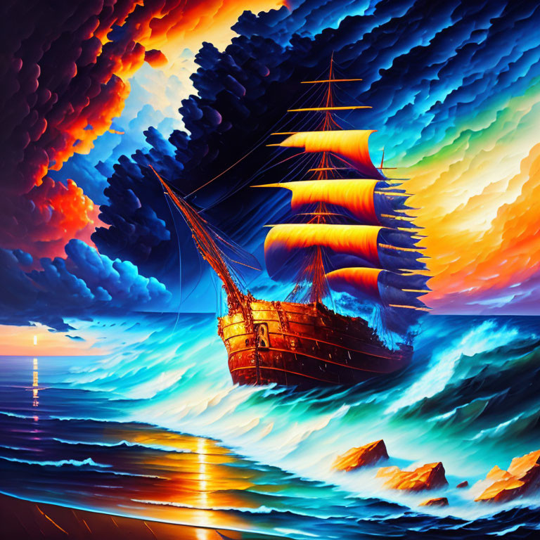 Colorful painting of sailing ship in turbulent seas with dramatic sky