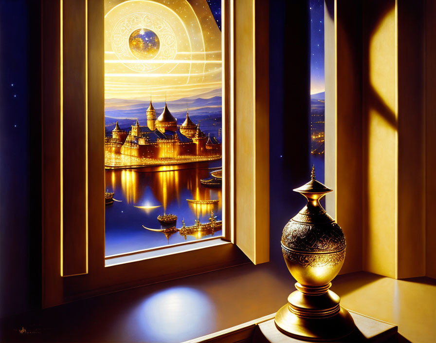 Colorful painting: Golden vase on windowsill with castle and moons reflected on water at twilight