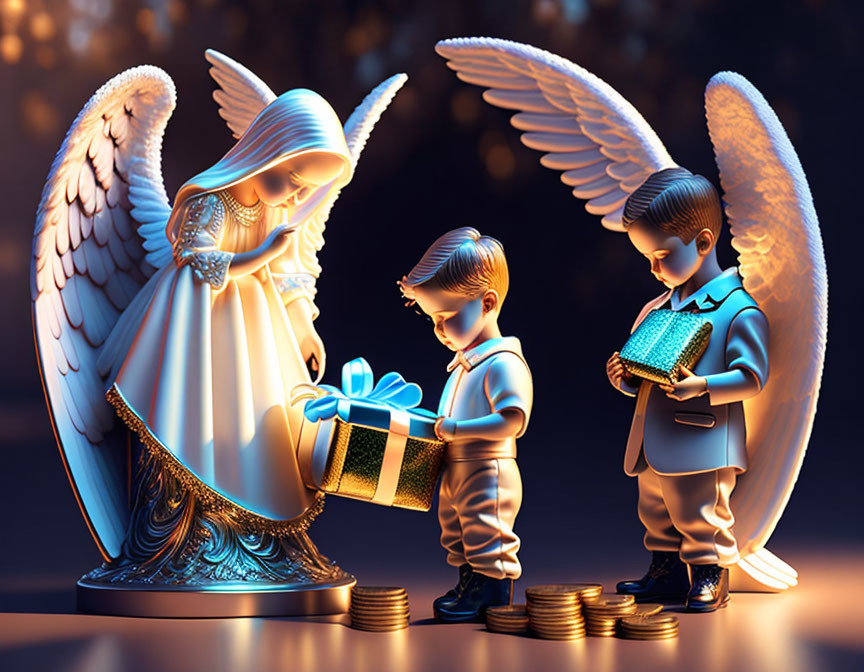 Animated children gift-giving scene with glowing angel statue and coins in warm, fantasy setting