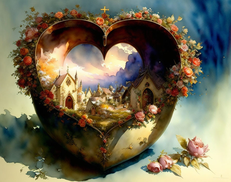 Heart-shaped frame with village, church, and floral motifs in warm watercolor tones