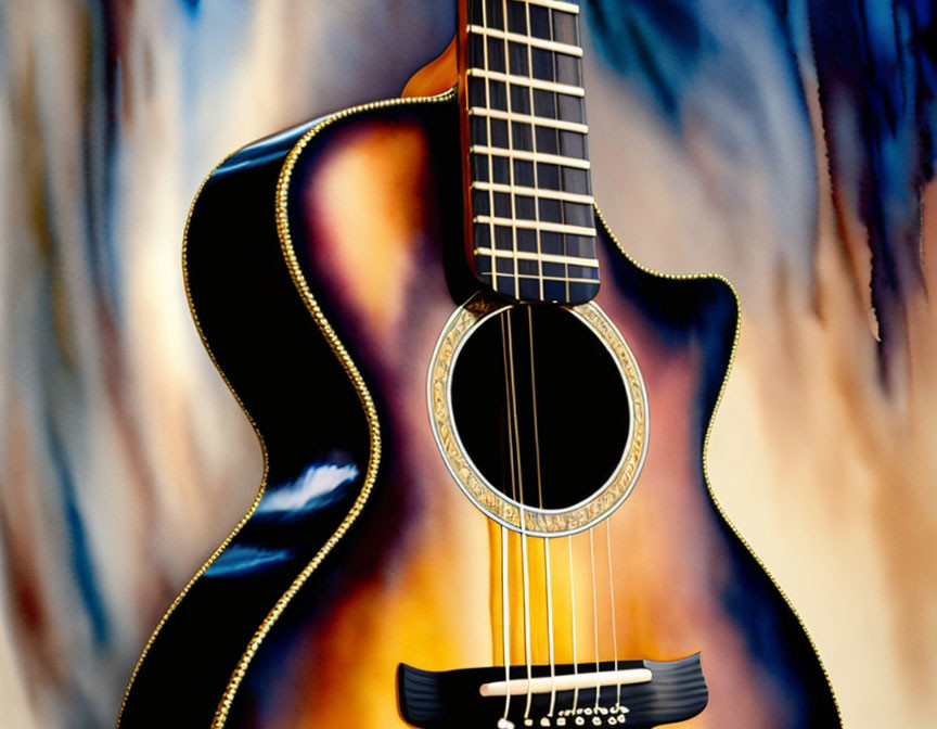 Detailed Close-Up of Black Acoustic Guitar on Blue and Brown Abstract Background
