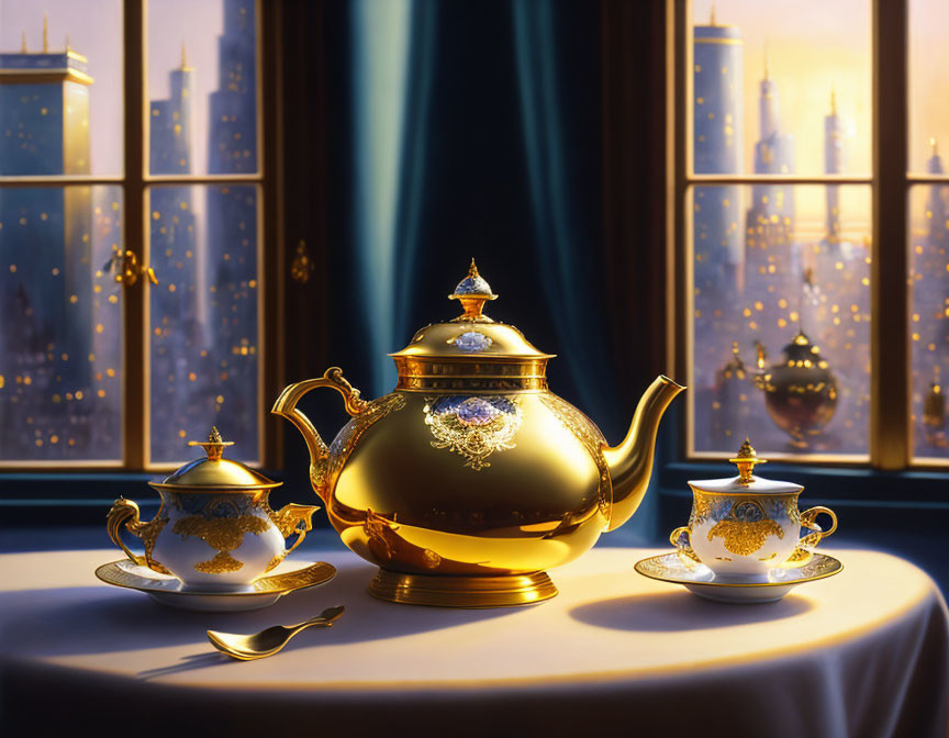 Golden teapot, sugar bowl, and cup set on table with city view at dusk