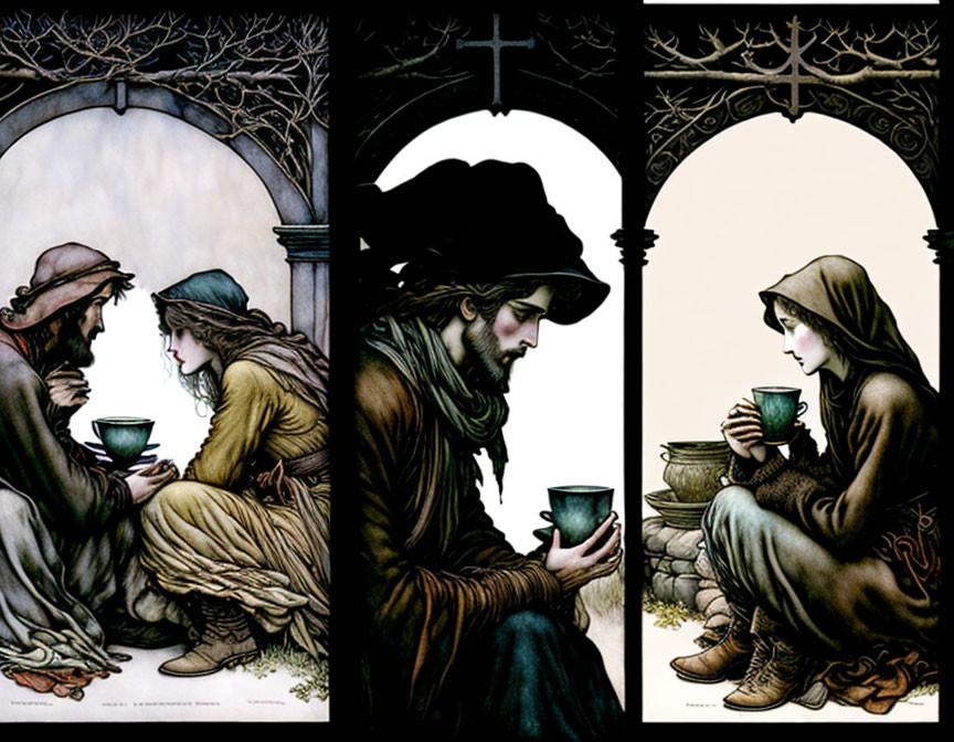 Medieval-style triptych with cloaked figures sharing a drink, man reflecting alone, and woman