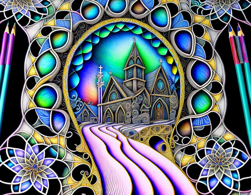 Intricate church drawing with colorful details and stained-glass pattern