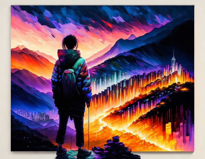 Person standing in front of vibrant abstract cityscape and mountains under colorful sky