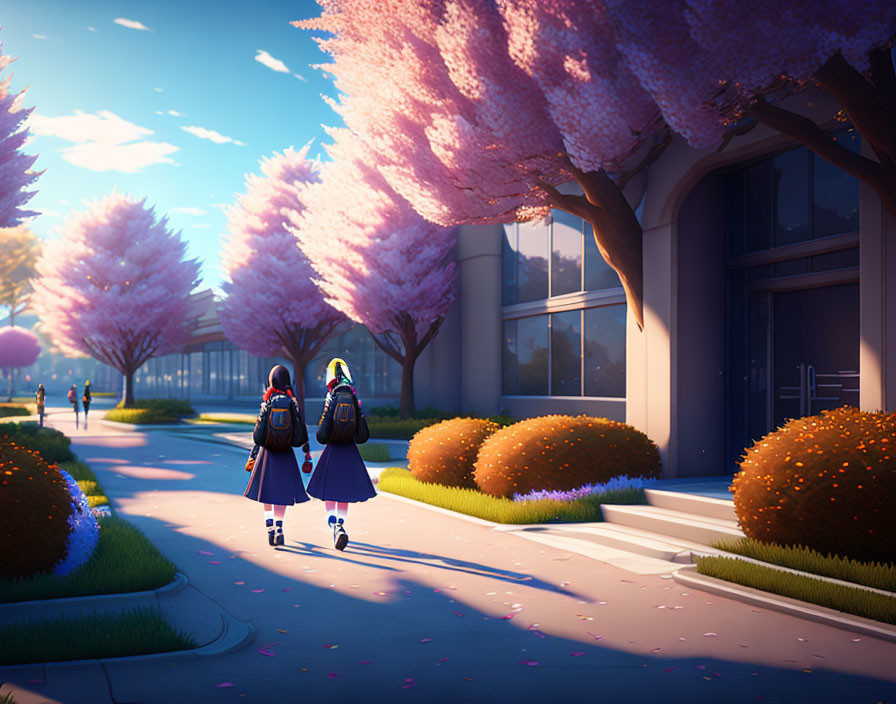 Students walking under cherry blossom trees near a modern school building at sunset